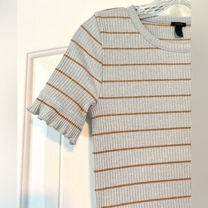 EUC JCrew XS Aqua Bronze Metallic Stripe Ribbed Top Blouse Tee Ruffle H3586